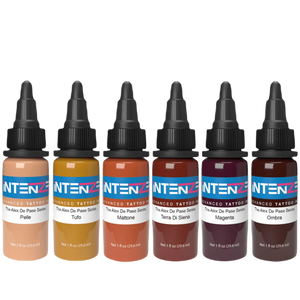 6 Bottles of Intenze's Alex De Pase tattoo ink set lined up