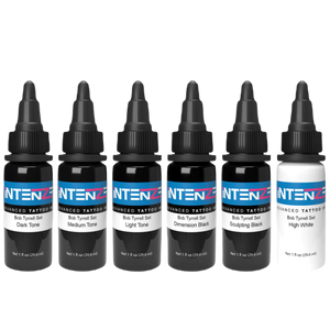 6 Bottles of Intenze's Bob Tyrell Tattoo Ink Set lined up