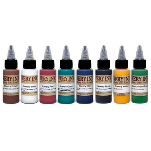 8 Bottles of Intenze's Bowery Tattoo Ink Set lined up